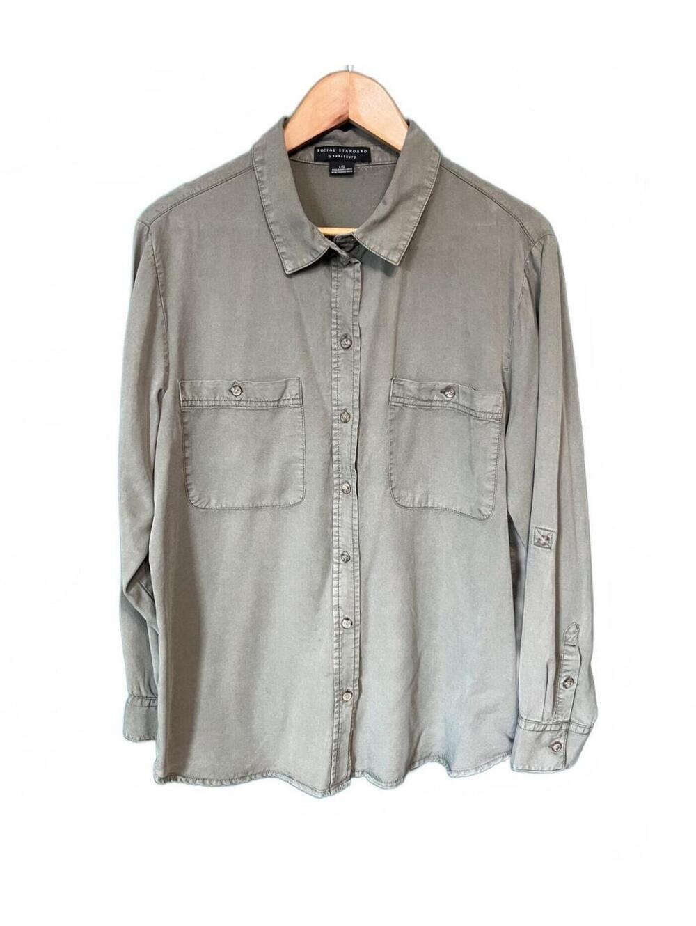 Social Standard Sanctuary Sage Green Utility Shirt L Gorpcore Roll Tab Blouse